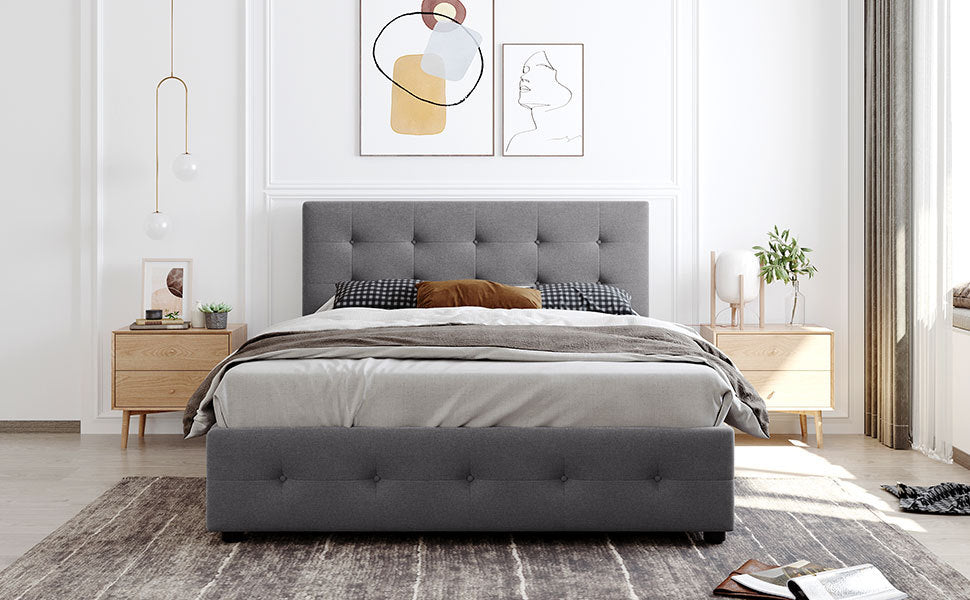 Start2Finish upholstered platform bed with classic headboard, linen fabric, and four storage drawers, showcasing its stylish design.