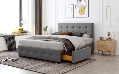 Start2Finish upholstered platform bed with classic headboard, linen fabric, and four storage drawers in a modern bedroom setting.