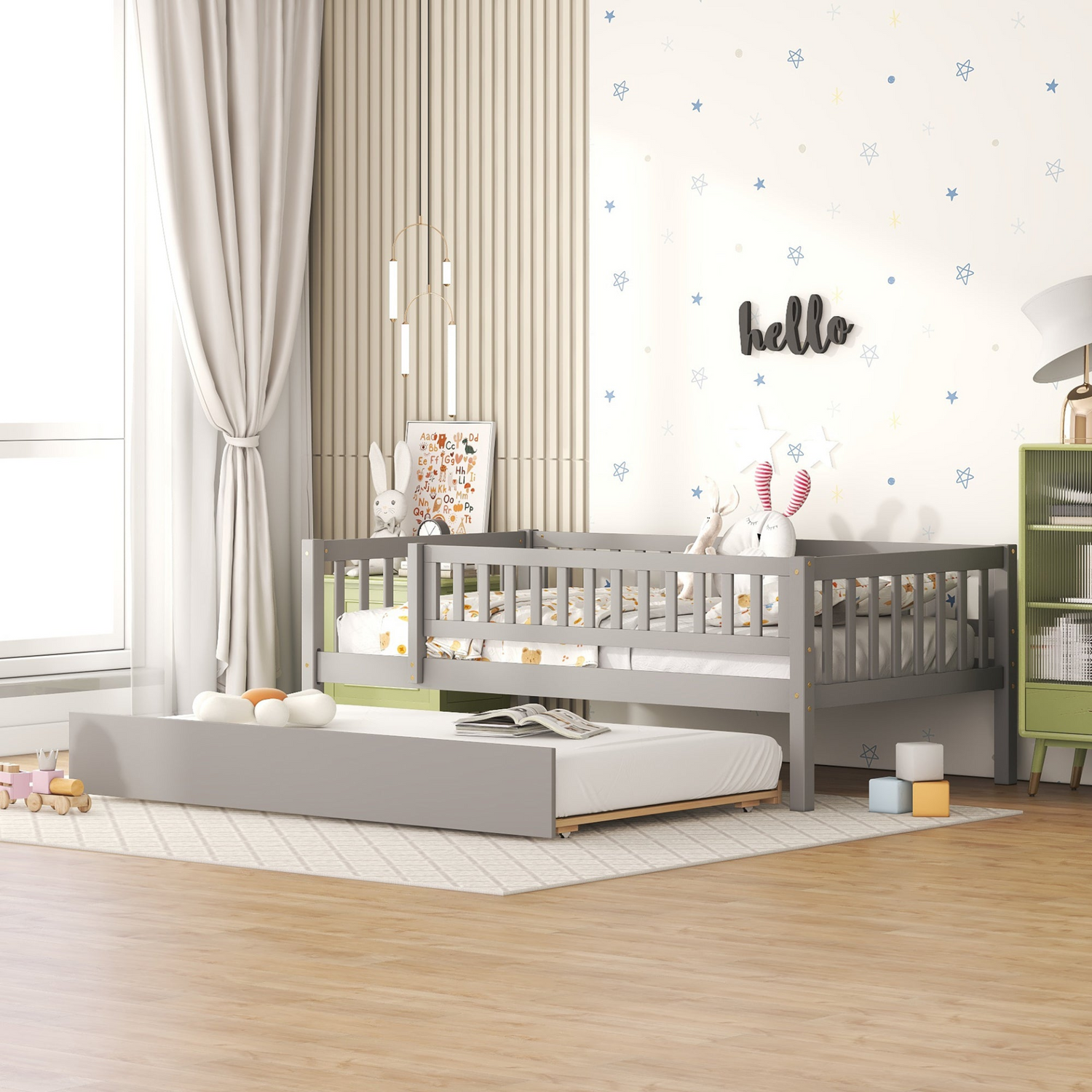 Start2Finish wood daybed with trundle and fence guardrails, shown in a cozy home bedroom setting with bedding and pillows
