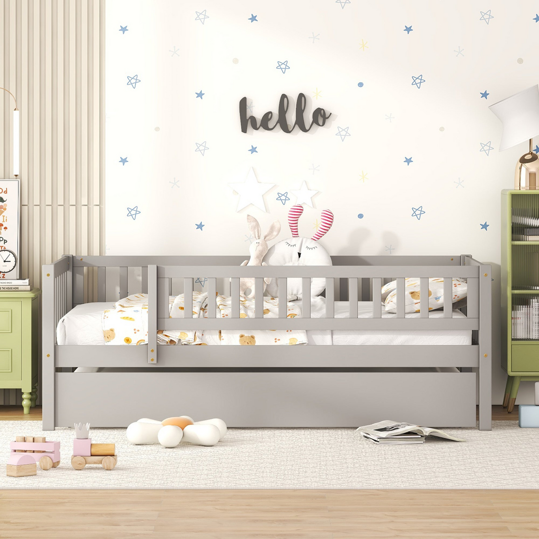 Start2Finish wood daybed with trundle and fence guardrails, shown in a cozy bedroom setting with bedding and pillows.