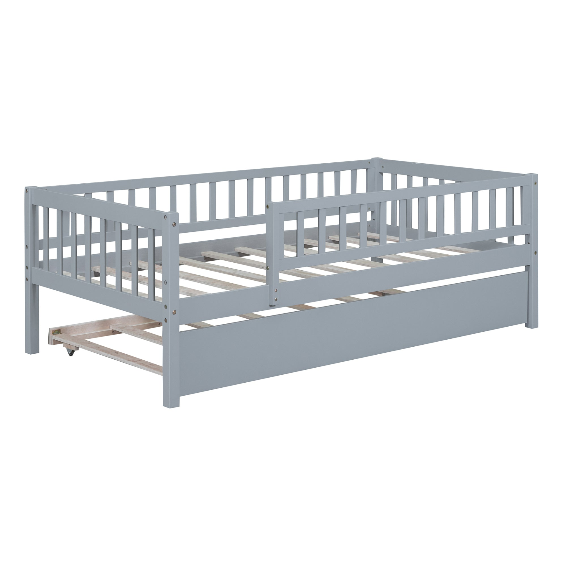 Start2Finish wood daybed with trundle and fence guardrails, suitable for home, guest room, or kids bedroom, with a cozy, wooden design