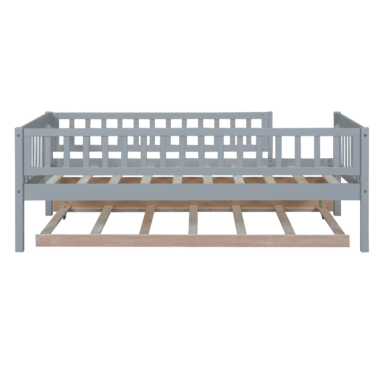 Wood daybed with trundle and fence guardrails from Start2Finish, ideal for home, guest room, or kids&