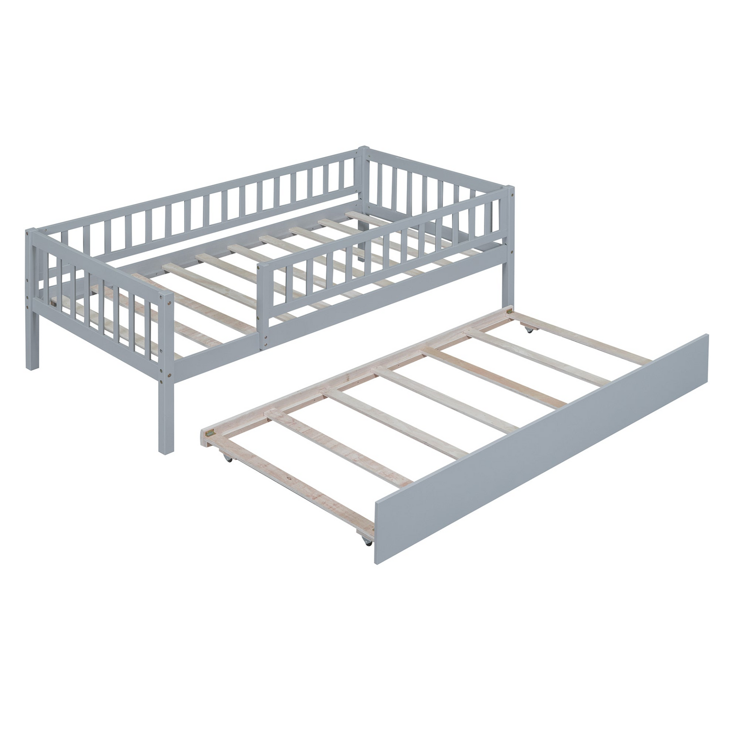 Start2Finish wood daybed with trundle and fence guardrails, ideal for home, guest room, or kids&