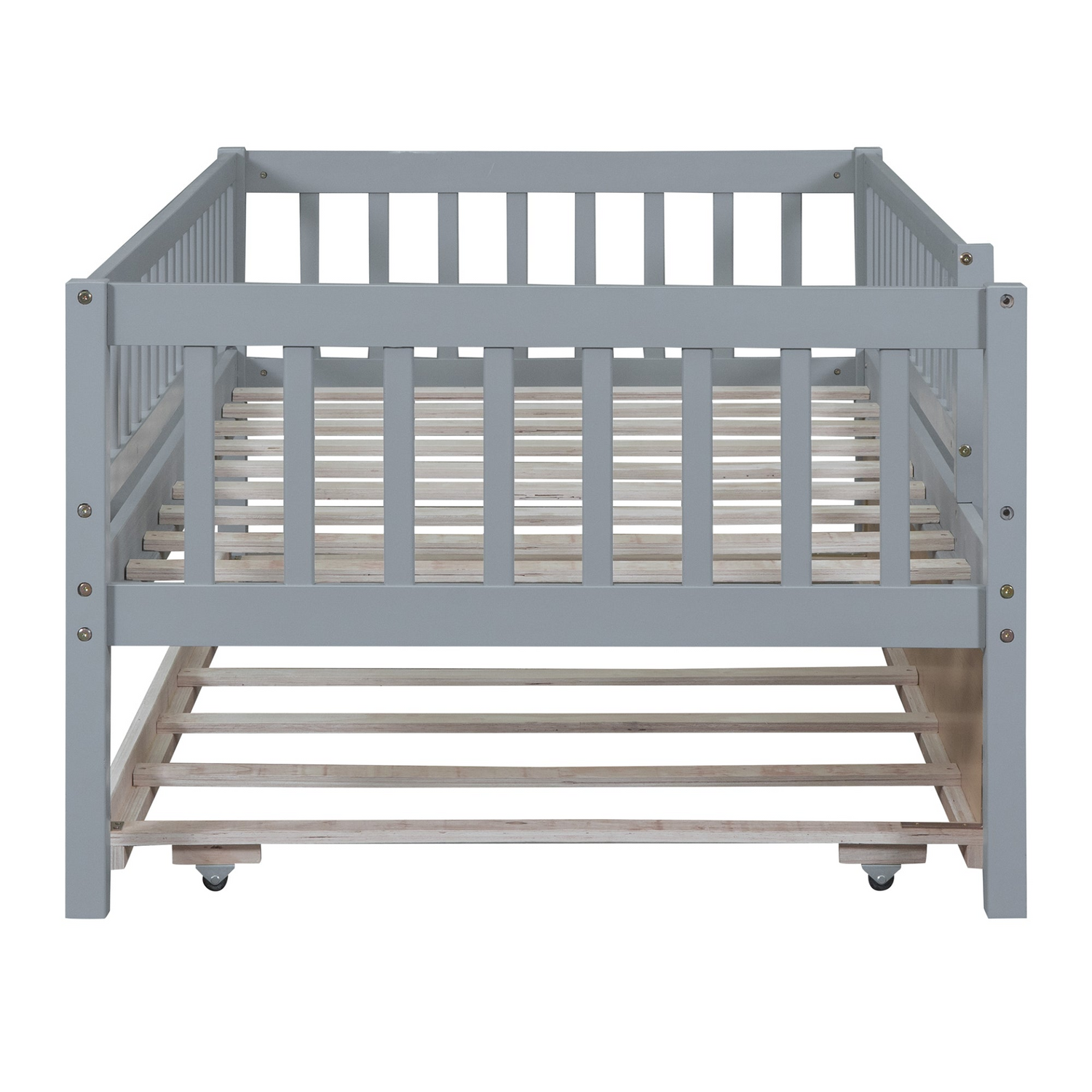Start2Finish wood daybed with trundle and fence guardrails, ideal for guest rooms or kids&
