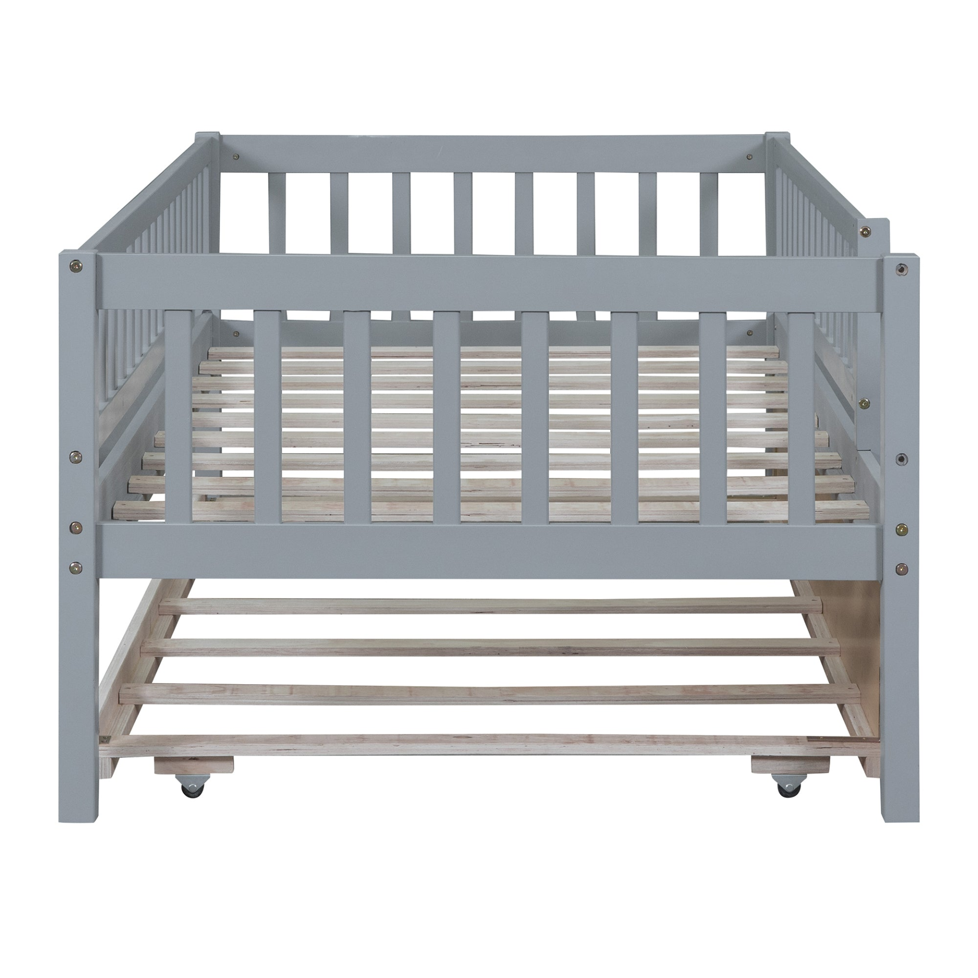 Start2Finish wood daybed with trundle and fence guardrails, ideal for guest rooms or kids&