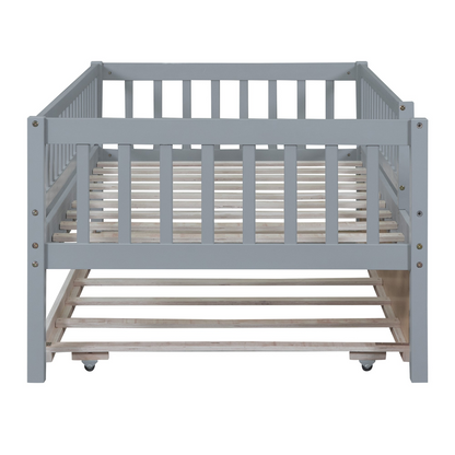 Start2Finish wood daybed with trundle and fence guardrails, ideal for guest rooms or kids&