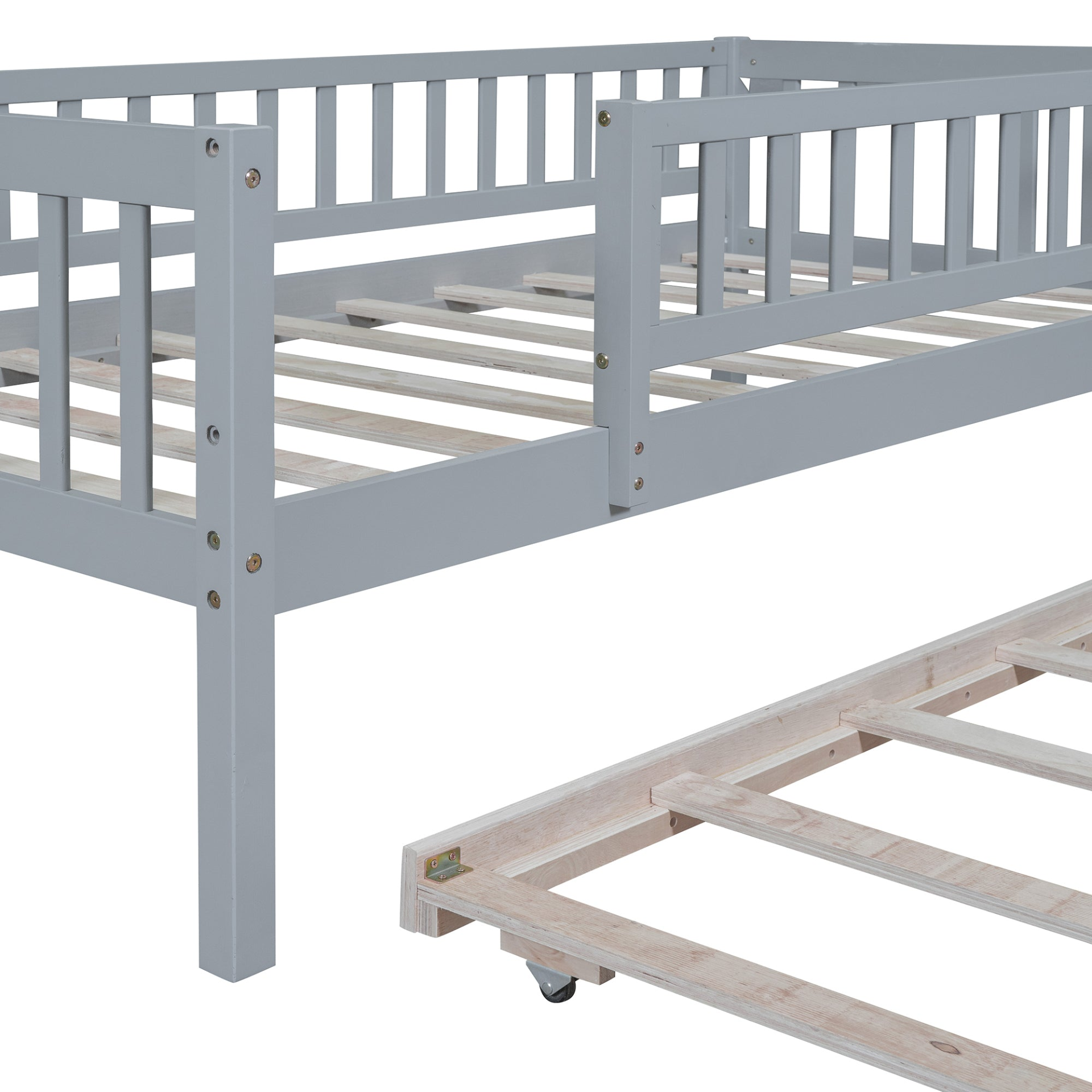 Wood daybed with trundle and fence guardrails by Start2Finish, shown in a cozy bedroom setting with bedding and pillows