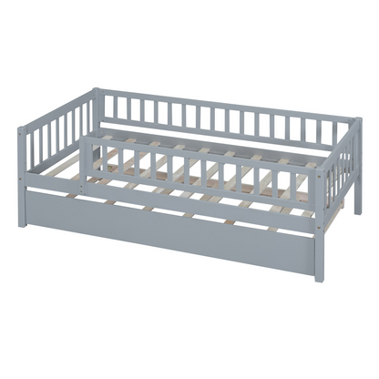 Start2Finish wood daybed with trundle and fence guardrails, ideal for home, guest, or kids&