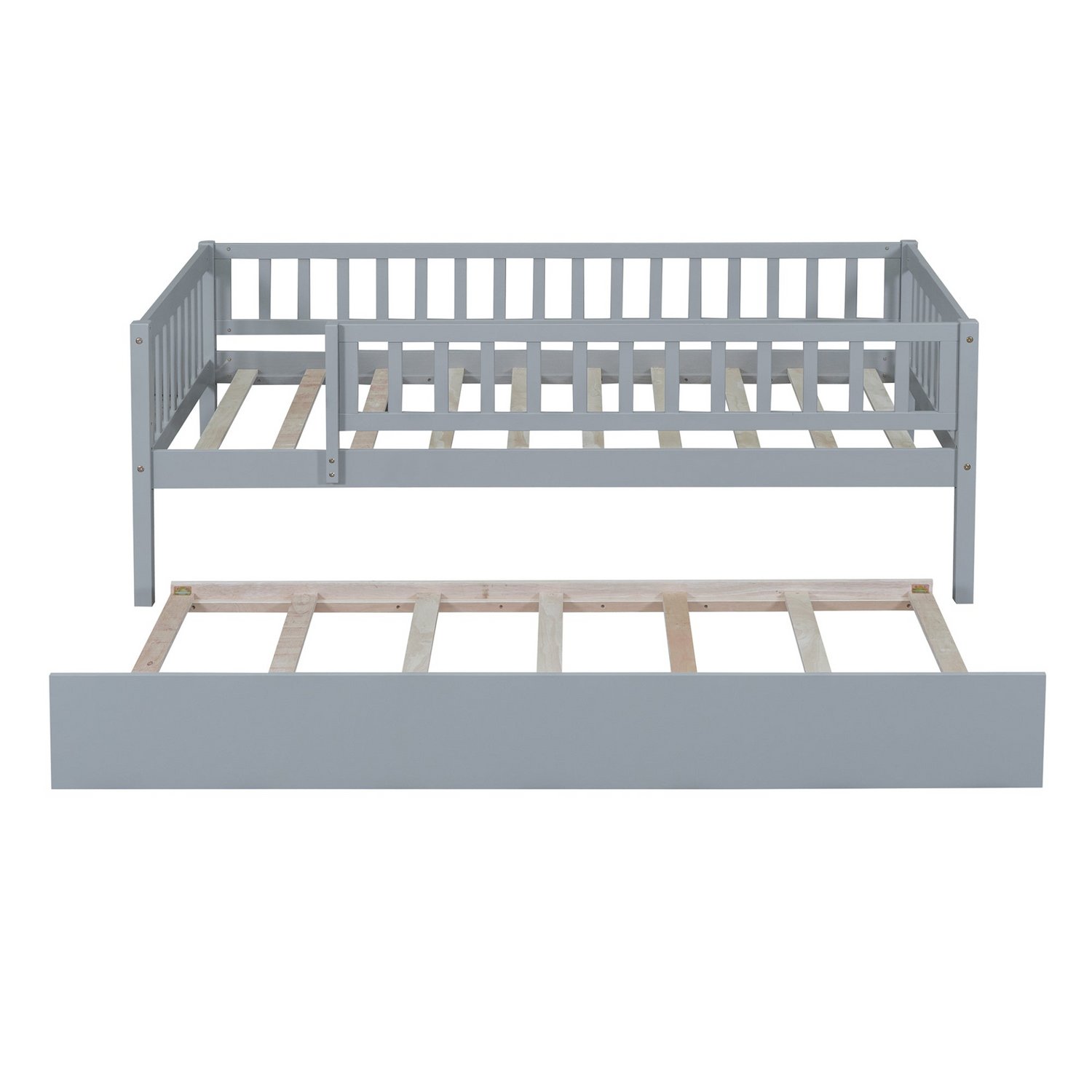 Wood daybed with trundle and fence guardrails from Start2Finish, ideal for home, guest room, or kids&