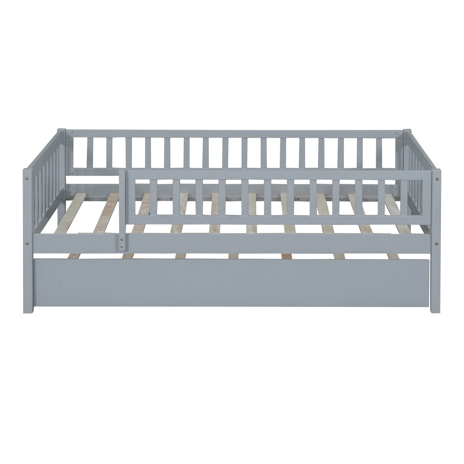 Wood daybed with trundle and fence guardrails by Start2Finish, shown in a cozy bedroom setting with bedding and pillows.