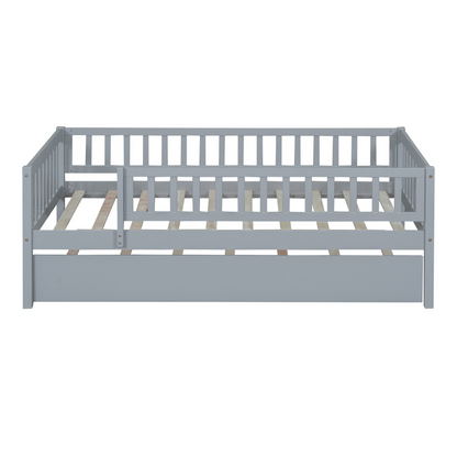 Wood daybed with trundle and fence guardrails by Start2Finish, shown in a cozy bedroom setting with bedding and pillows.
