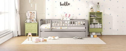 Wood daybed with trundle and fence guardrails, perfect for kids&