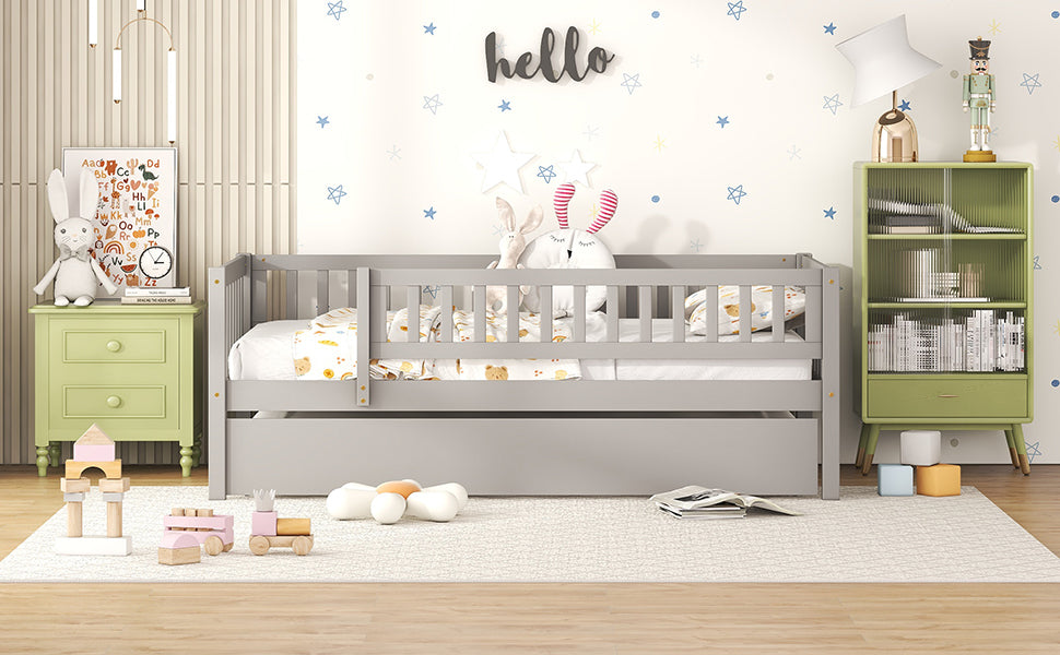 Wood daybed with trundle and fence guardrails by Start2Finish, ideal for home, guest room, or kids&