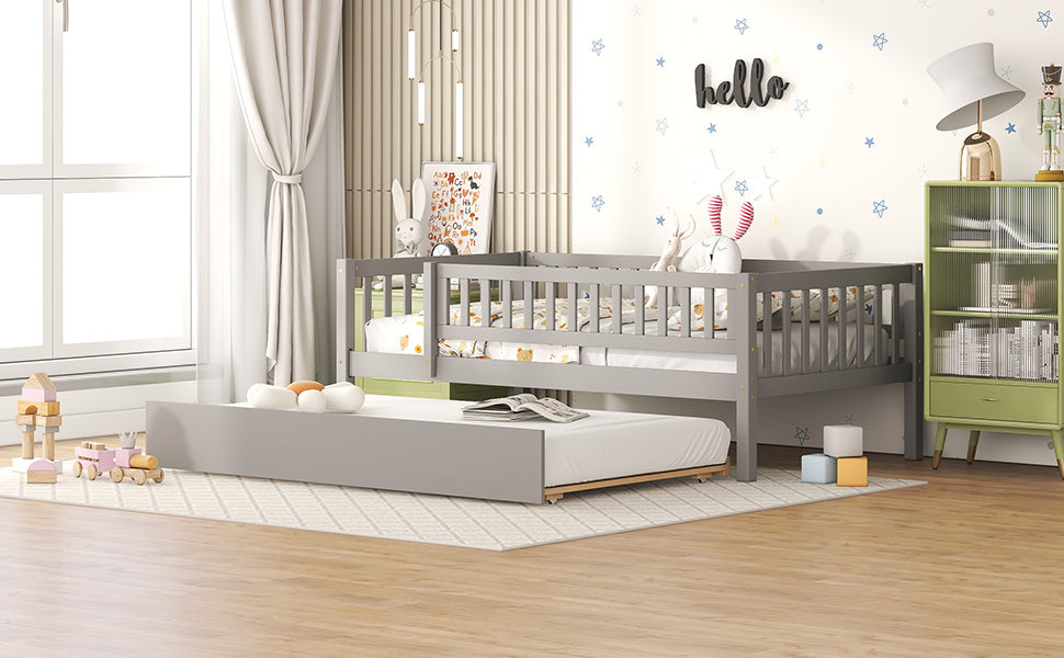 Start2Finish wood daybed with trundle and fence guardrails, ideal for home, guest room, or kids bedroom, shown with bedding.