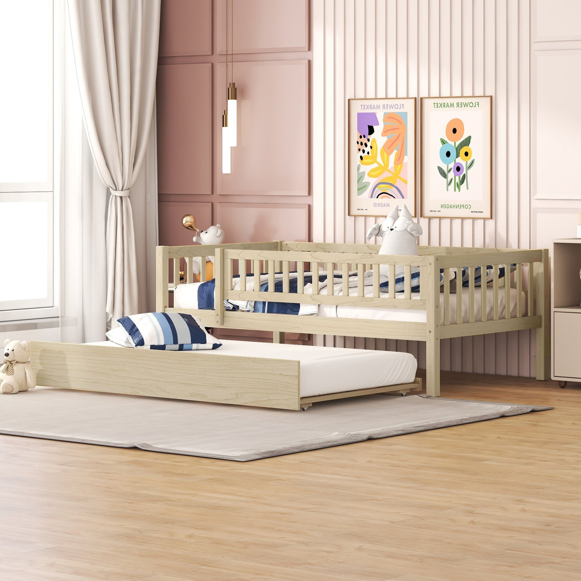 Start2Finish wood daybed with trundle and fence guardrails, ideal for home, guest room, or kids&