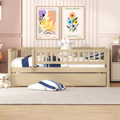 Start2Finish wood daybed with trundle and fence guardrails, shown in a cozy bedroom setting with bedding and pillows.