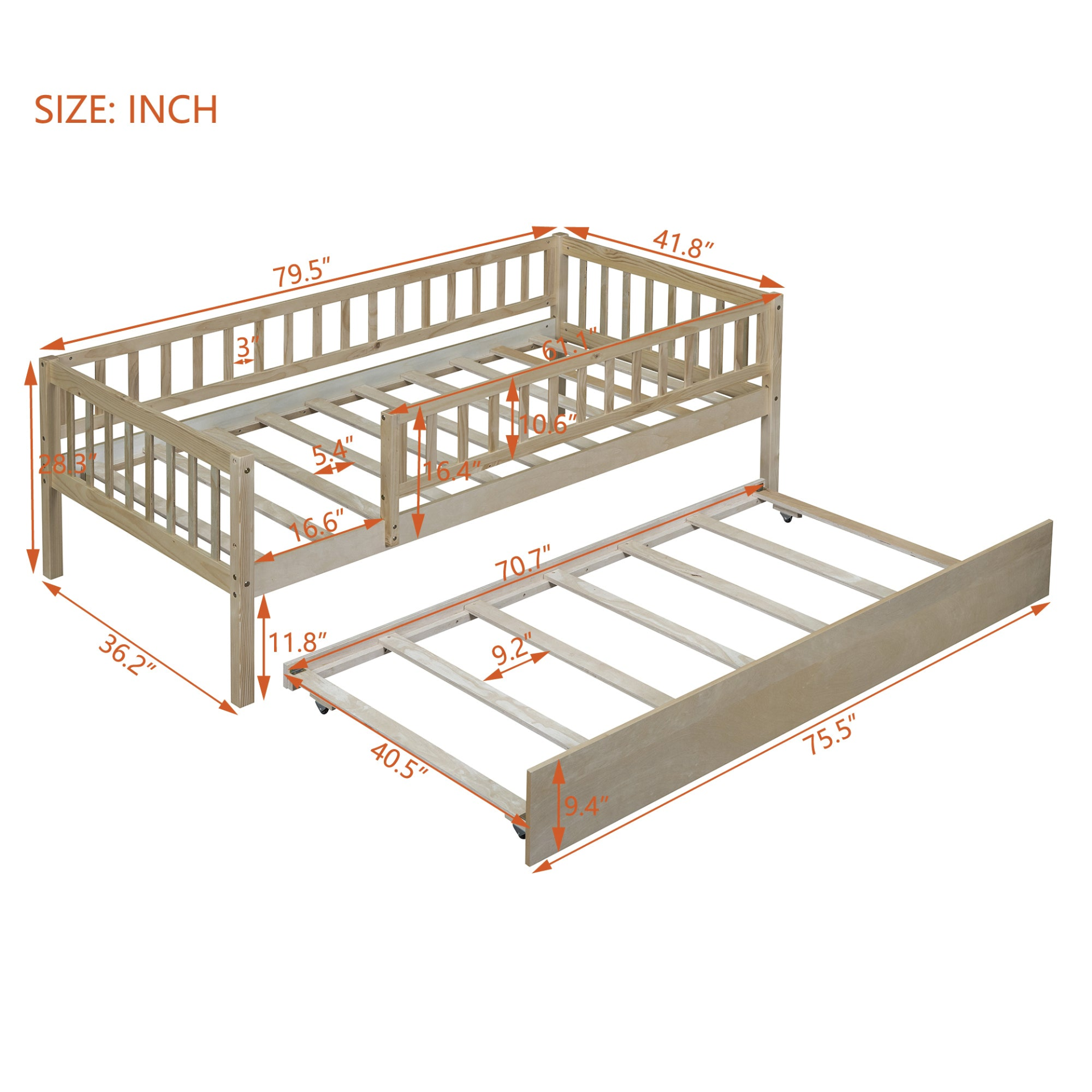 Start2Finish wood daybed with trundle and fence guardrails, ideal for home, guest room, or kids&