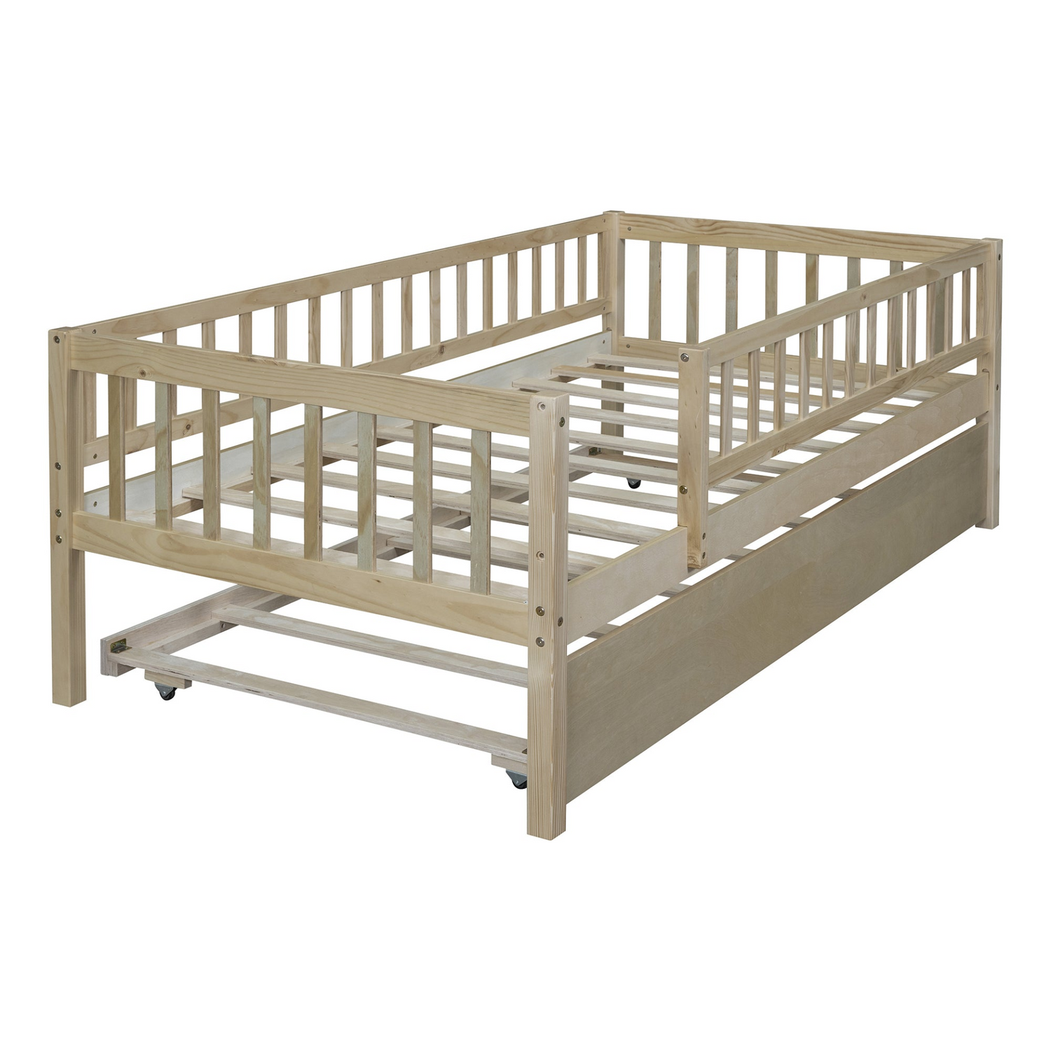 Start2Finish wood daybed with trundle and fence guardrails, suitable for home, guest room, or kids&