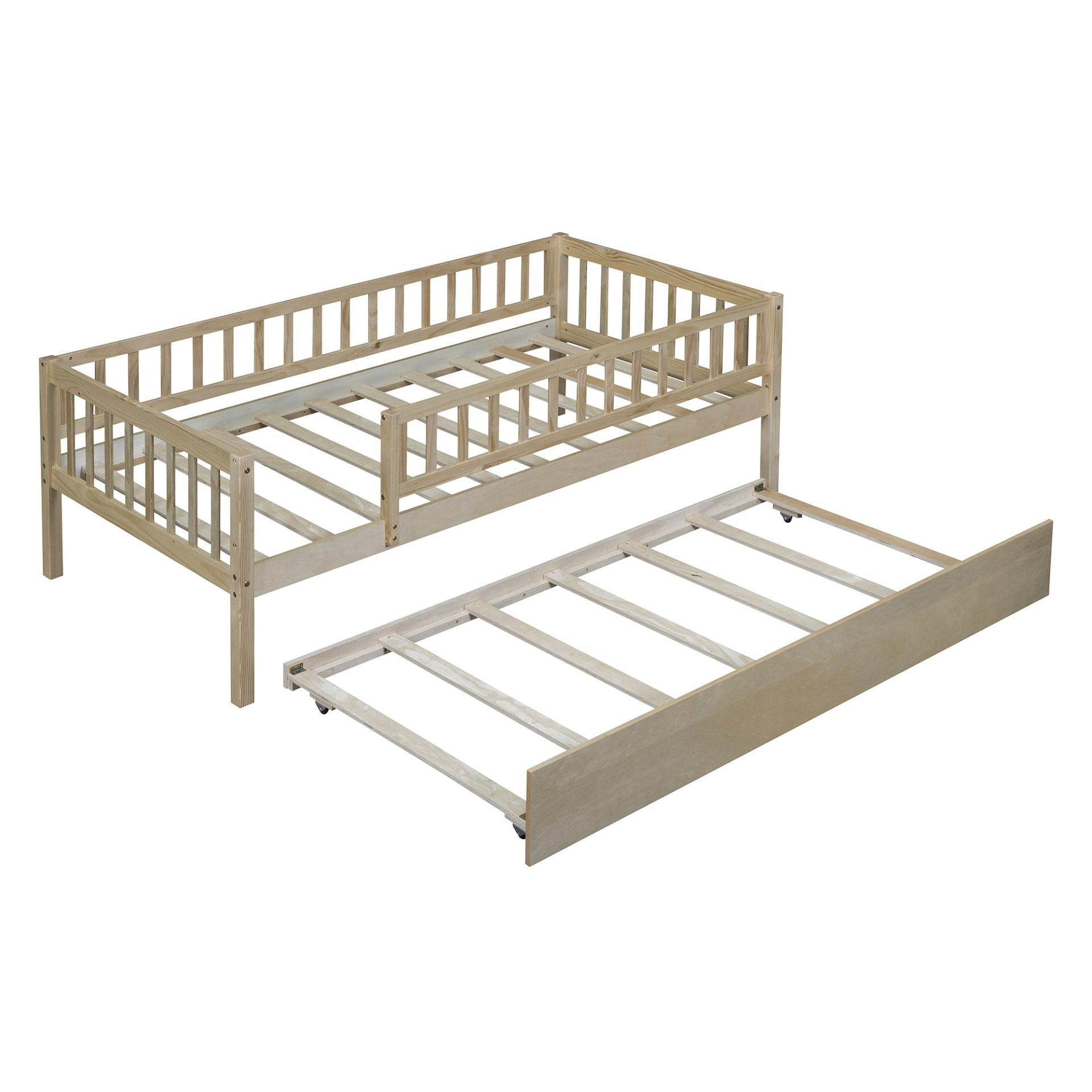 Wood daybed with trundle and fence guardrails, ideal for kids&