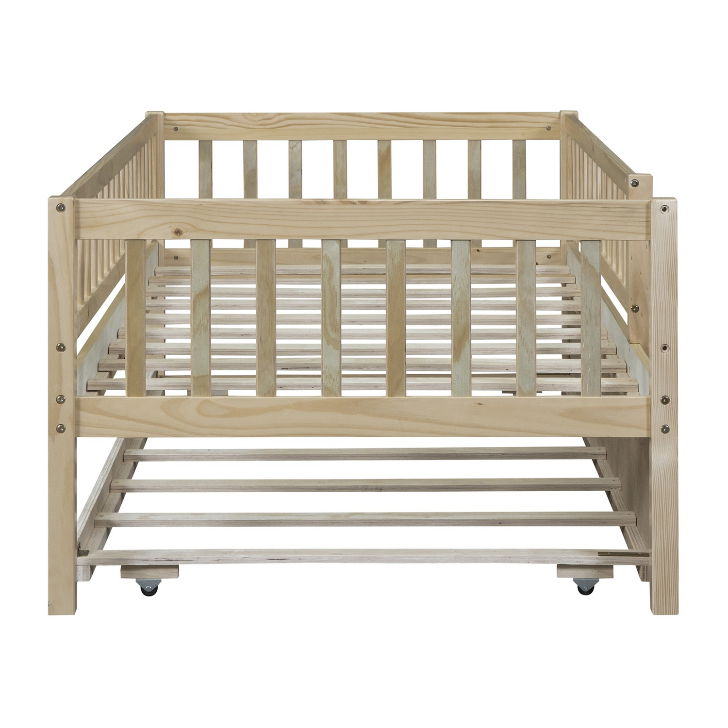 Start2Finish wood daybed with trundle and fence guardrails, shown in a home bedroom setting with bedding and pillows.