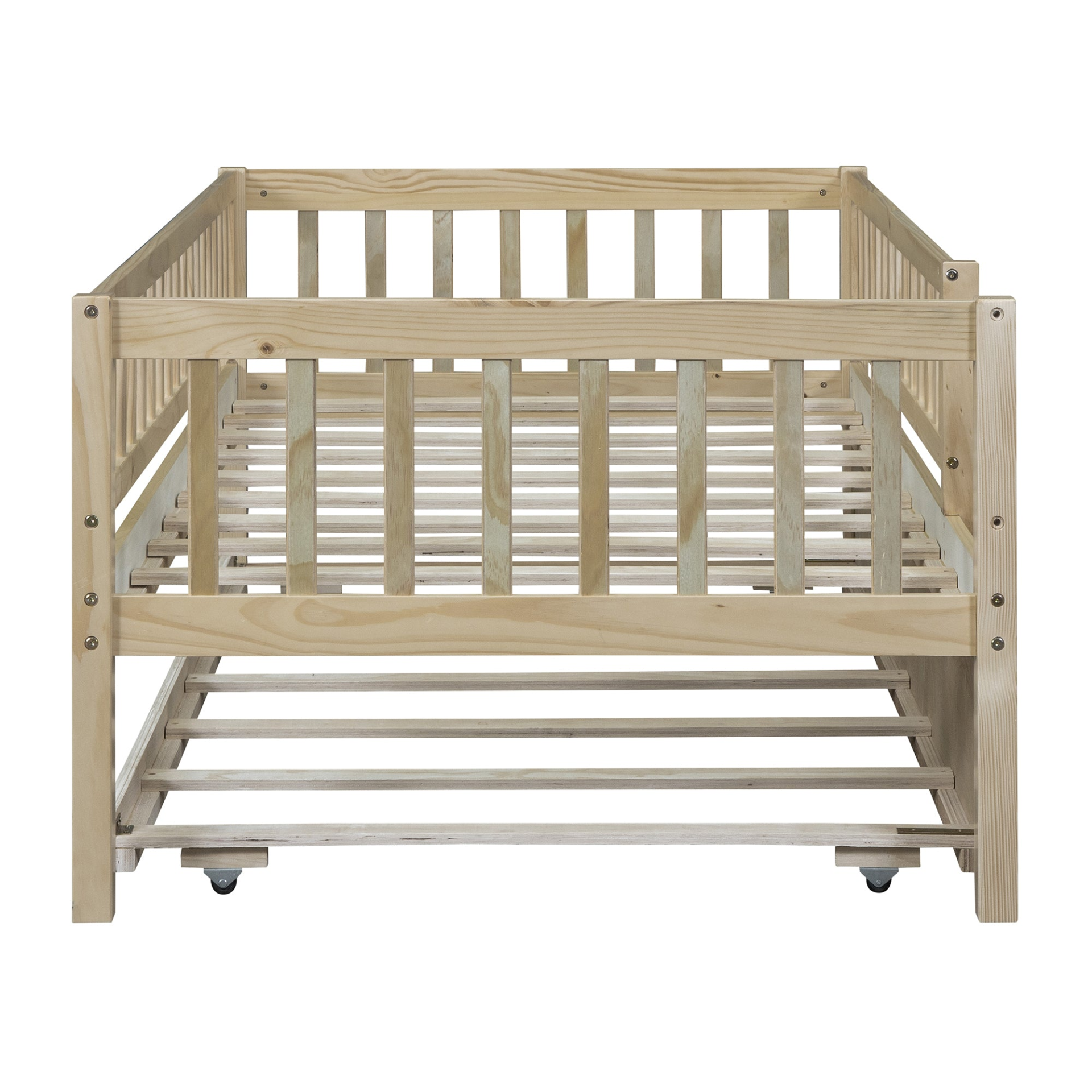 Start2Finish wood daybed with trundle and fence guardrails, shown in a home bedroom setting with bedding and pillows.