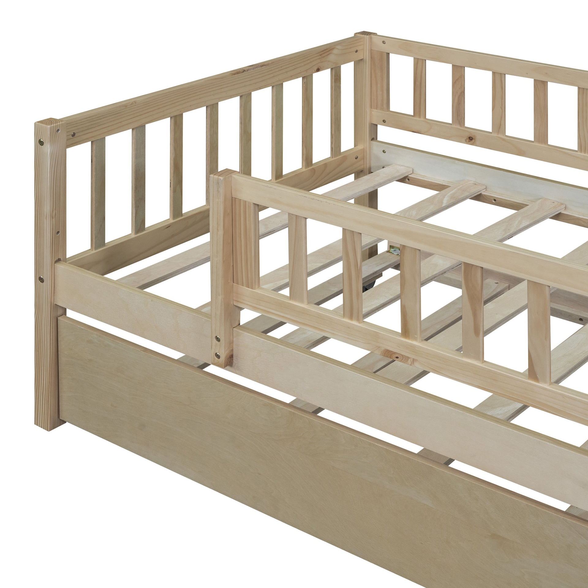 Start2Finish wood daybed with trundle and fence guardrails, ideal for home, guest, or kids&