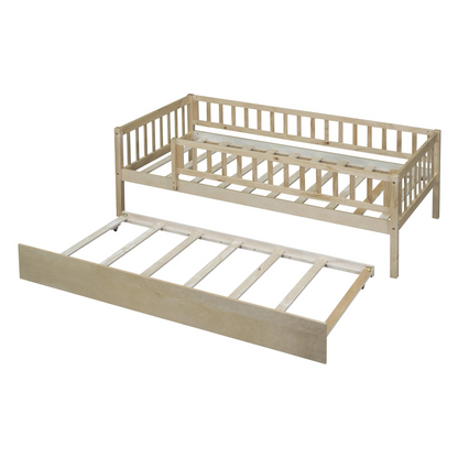 Start2Finish wood daybed with trundle and fence guardrails, featuring a sturdy frame and cozy bedding for kids or guest rooms.