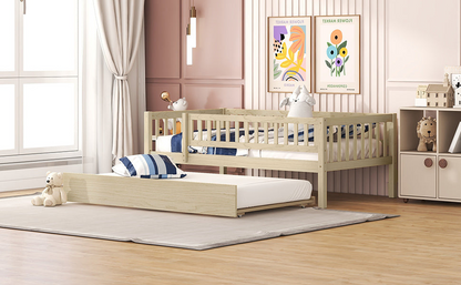 Start2Finish wood daybed with trundle and fence guardrails, shown in a cozy home bedroom setting.