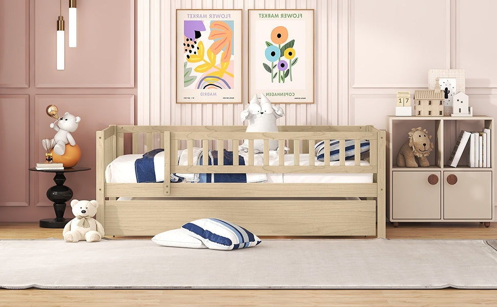 Start2Finish wood daybed with trundle and fence guardrails, featuring a natural wood finish and sturdy construction for home or kids&