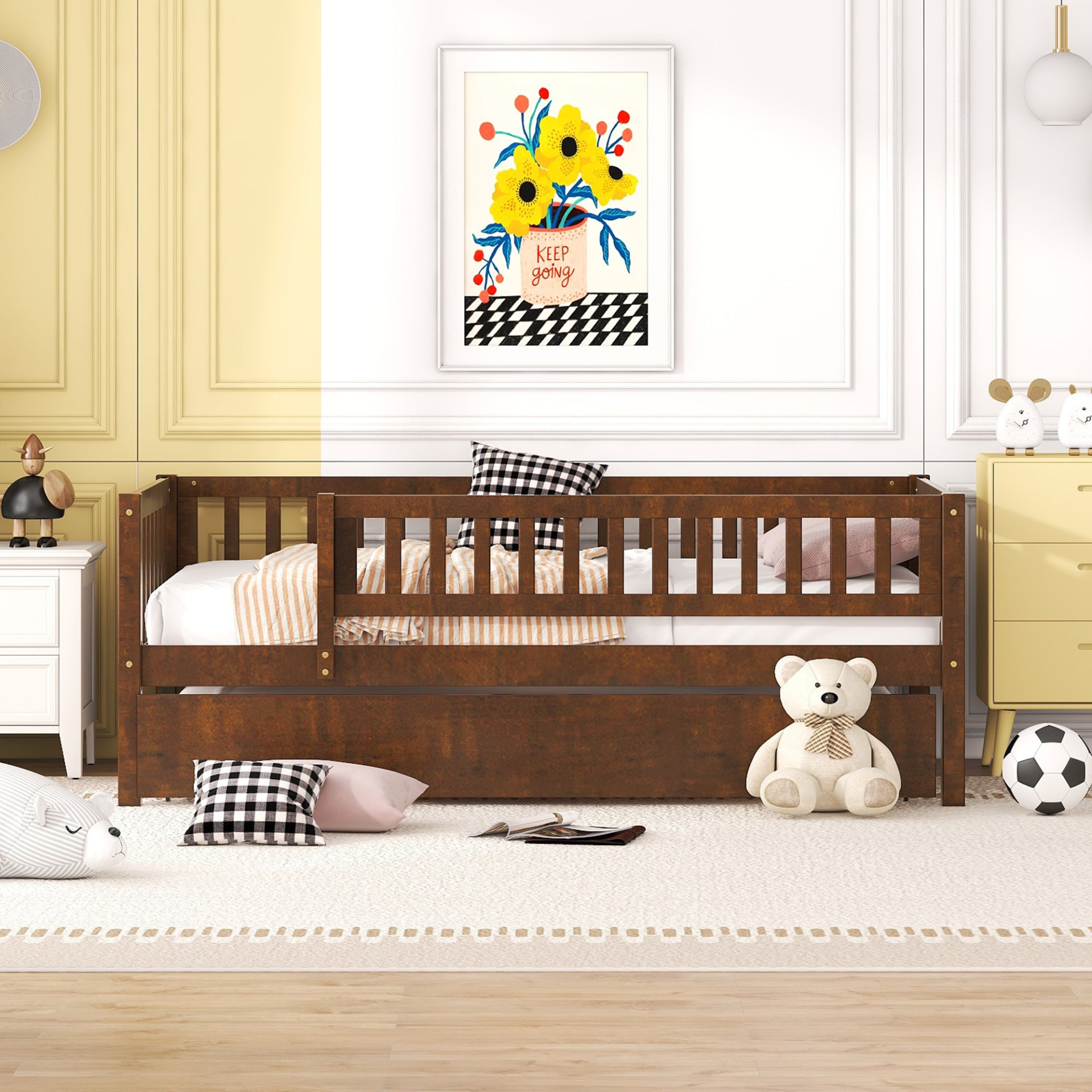 Start2Finish wood daybed with trundle and fence guardrails, ideal for home, guest room, or kids bedroom bedding setup