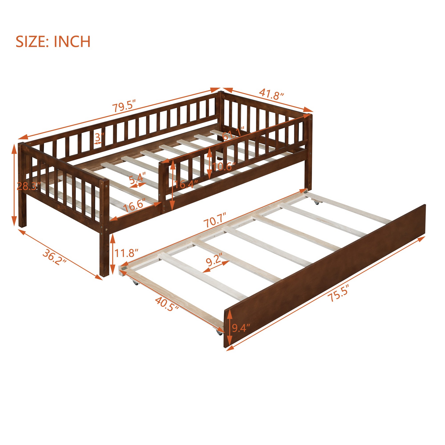 Start2Finish wood daybed with trundle and fence guardrails, perfect for home, guest room, or kids bedroom.