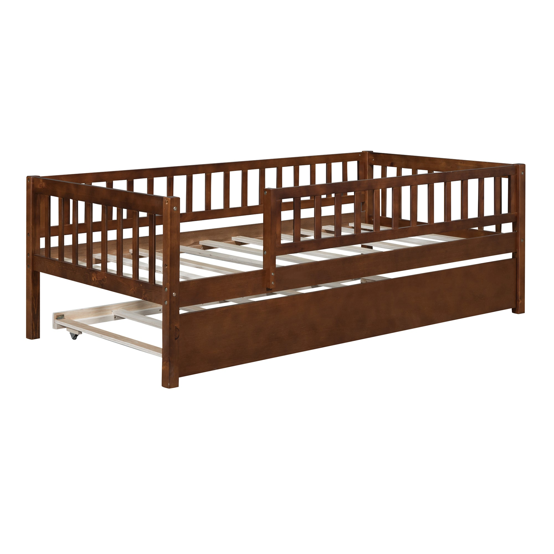 Start2Finish wood daybed with trundle and fence guardrails, perfect for home or kids bedroom, showcasing sturdy wooden frame and safety features.