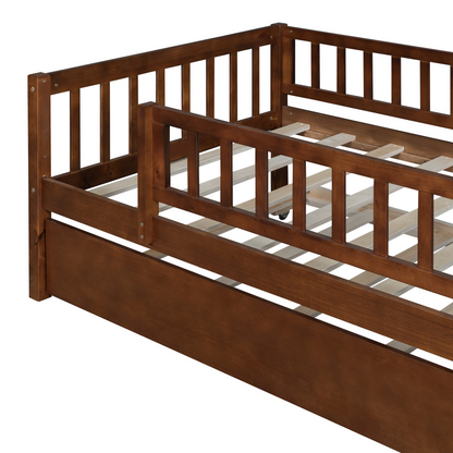 Start2Finish wood daybed with trundle and fence guardrails, ideal for kids&