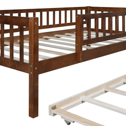 Start2Finish wood daybed with trundle and fence guardrails, ideal for home, guest room, or kids bedroom interior.