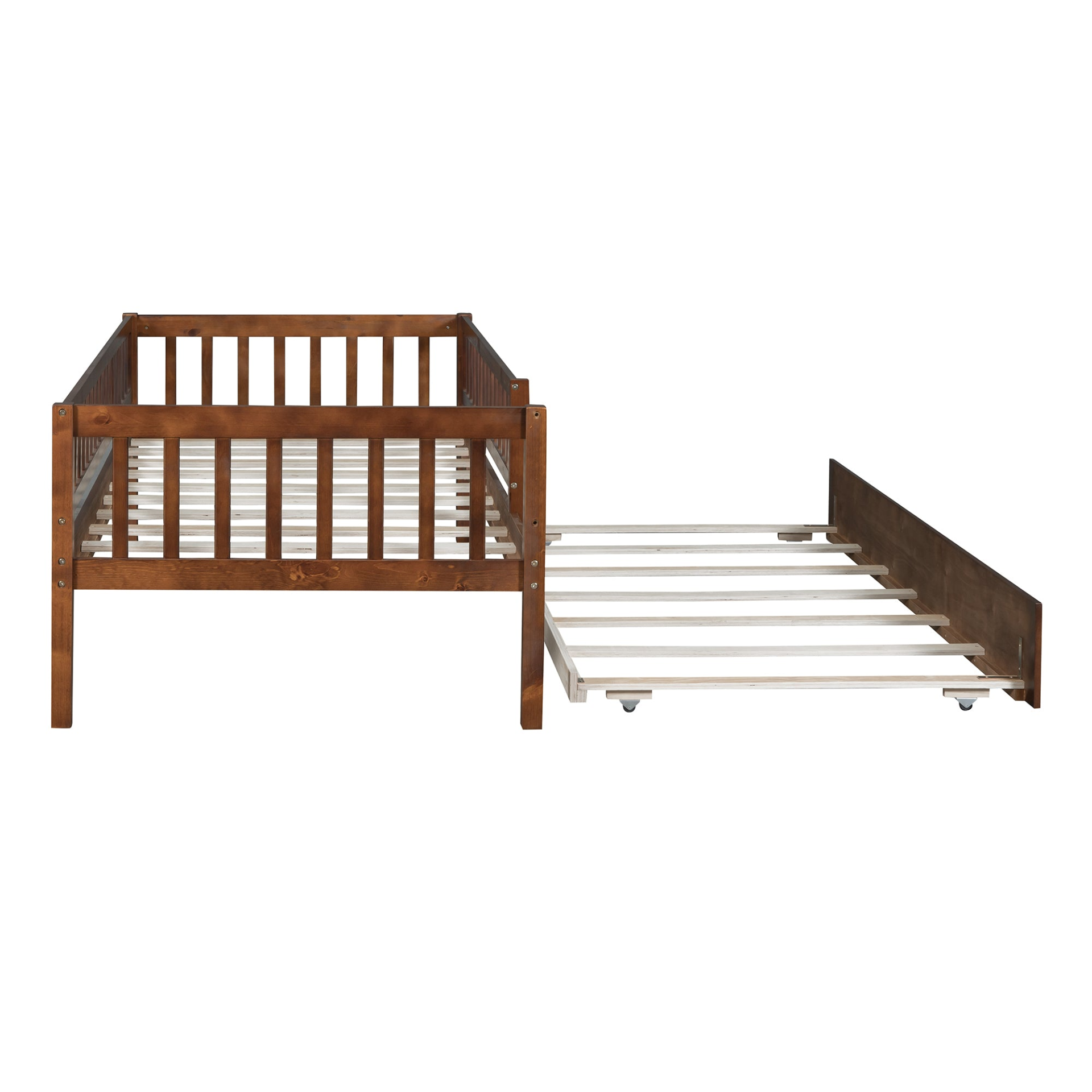 Start2Finish wood daybed with trundle and fence guardrails, ideal for home, guest room, or kids&