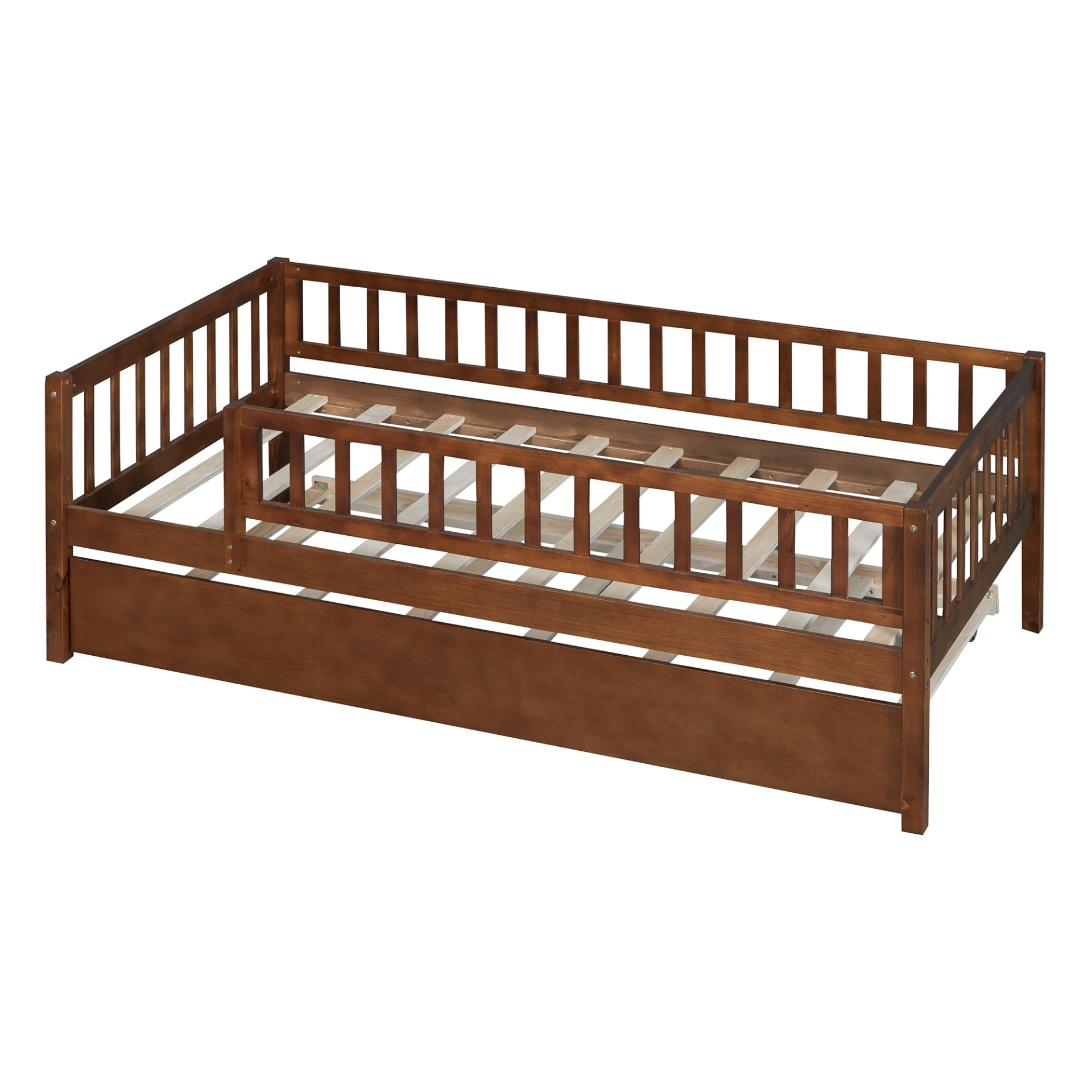 Wood daybed with trundle and fence guardrails, ideal for home, guest room, or kids bedroom, by Start2Finish