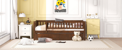 Wood daybed with trundle and fence guardrails from Start2Finish, shown with a cozy bedroom setting and protective side rails.