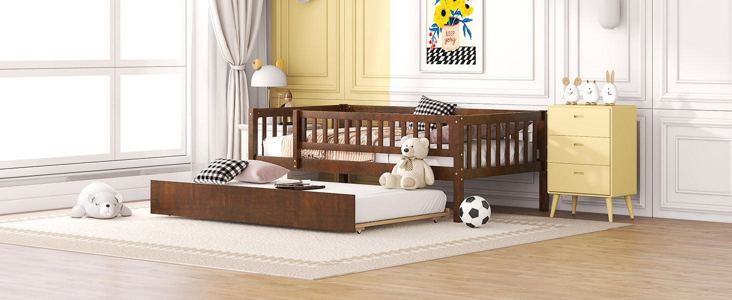Start2Finish wood daybed with trundle and fence guardrails, shown in a cozy home or kids&