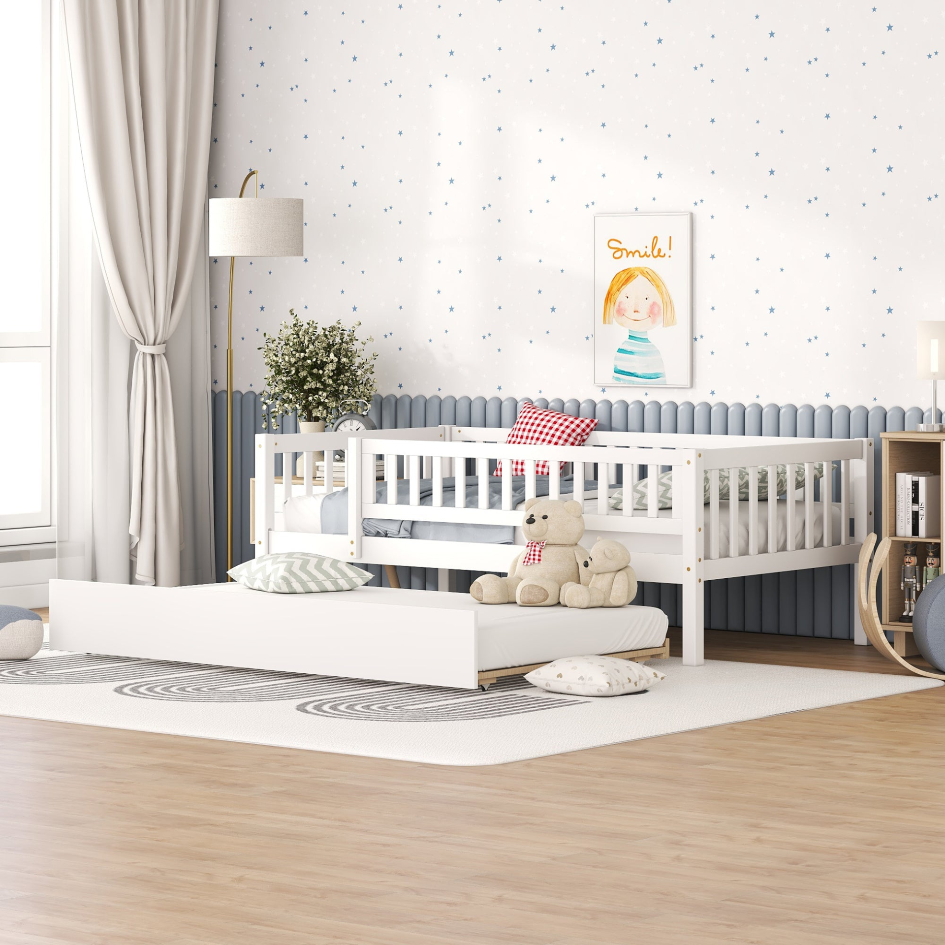 Start2Finish wood daybed with trundle and fence guardrails, ideal for kids’ or guest bedroom, showcasing sturdy wood frame and safety features.