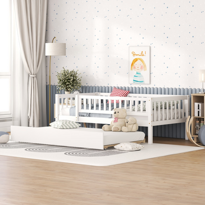 Start2Finish wood daybed with trundle and fence guardrails, ideal for kids’ or guest bedroom, showcasing sturdy wood frame and safety features.