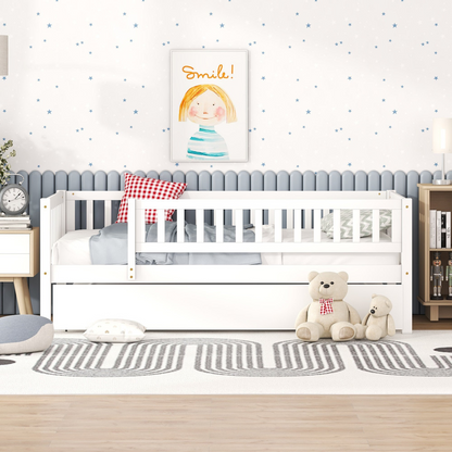 Start2Finish wood daybed with trundle and fence guardrails, perfect for home, guest room, or kids bedroom.