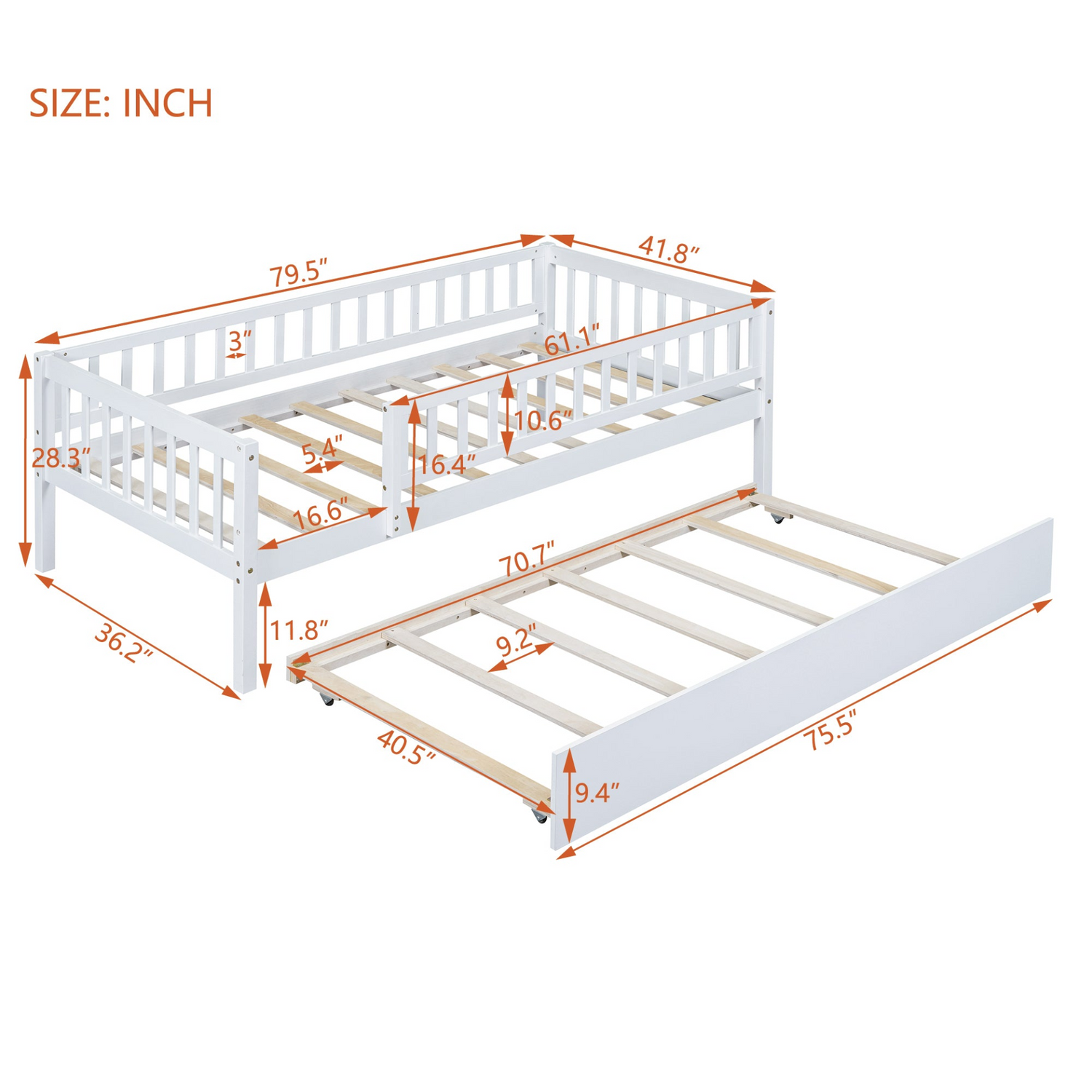 Start2Finish wood daybed with trundle and fence guardrails, suitable for home, guest, or kids&