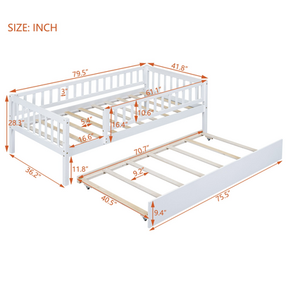 Start2Finish wood daybed with trundle and fence guardrails, suitable for home, guest, or kids&