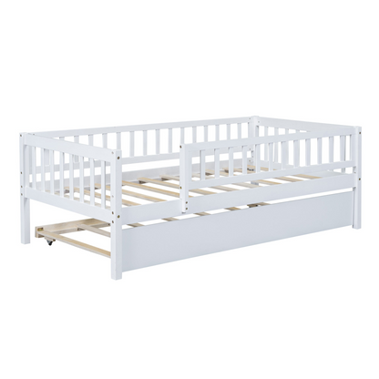 Wood daybed with trundle and fence guardrails from Start2Finish, ideal for guest rooms or kids&