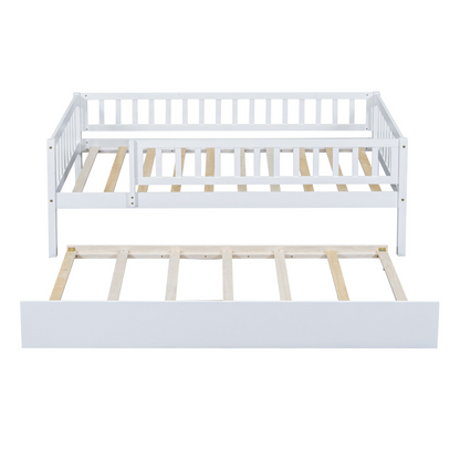 Start2Finish wood daybed with trundle and fence guardrails, ideal for home, guest room, or kids&