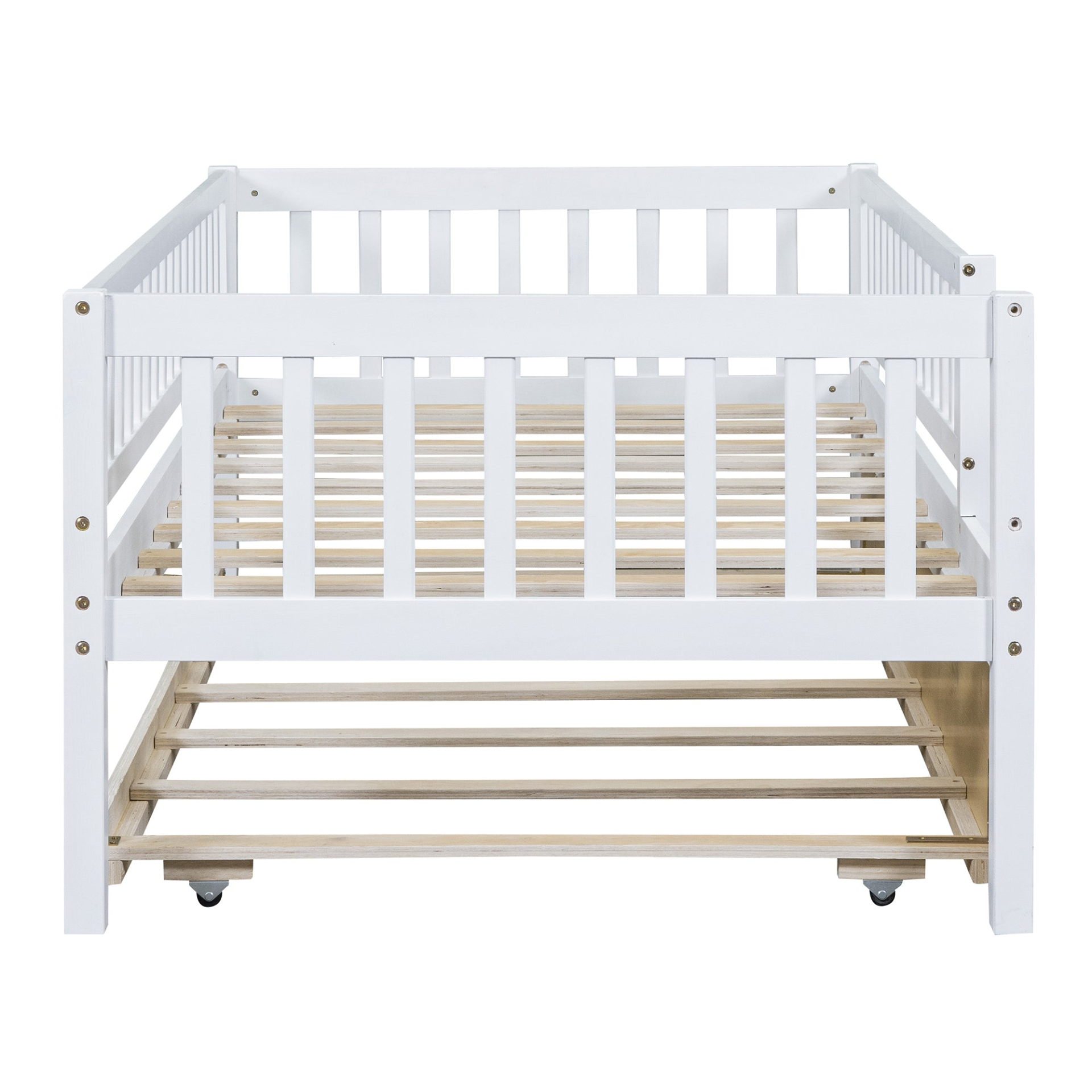 Wood daybed with trundle and fence guardrails from Start2Finish, suitable for home, guest room, or kids&