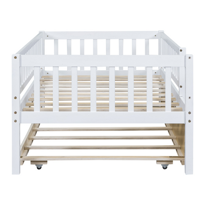 Wood daybed with trundle and fence guardrails from Start2Finish, suitable for home, guest room, or kids&