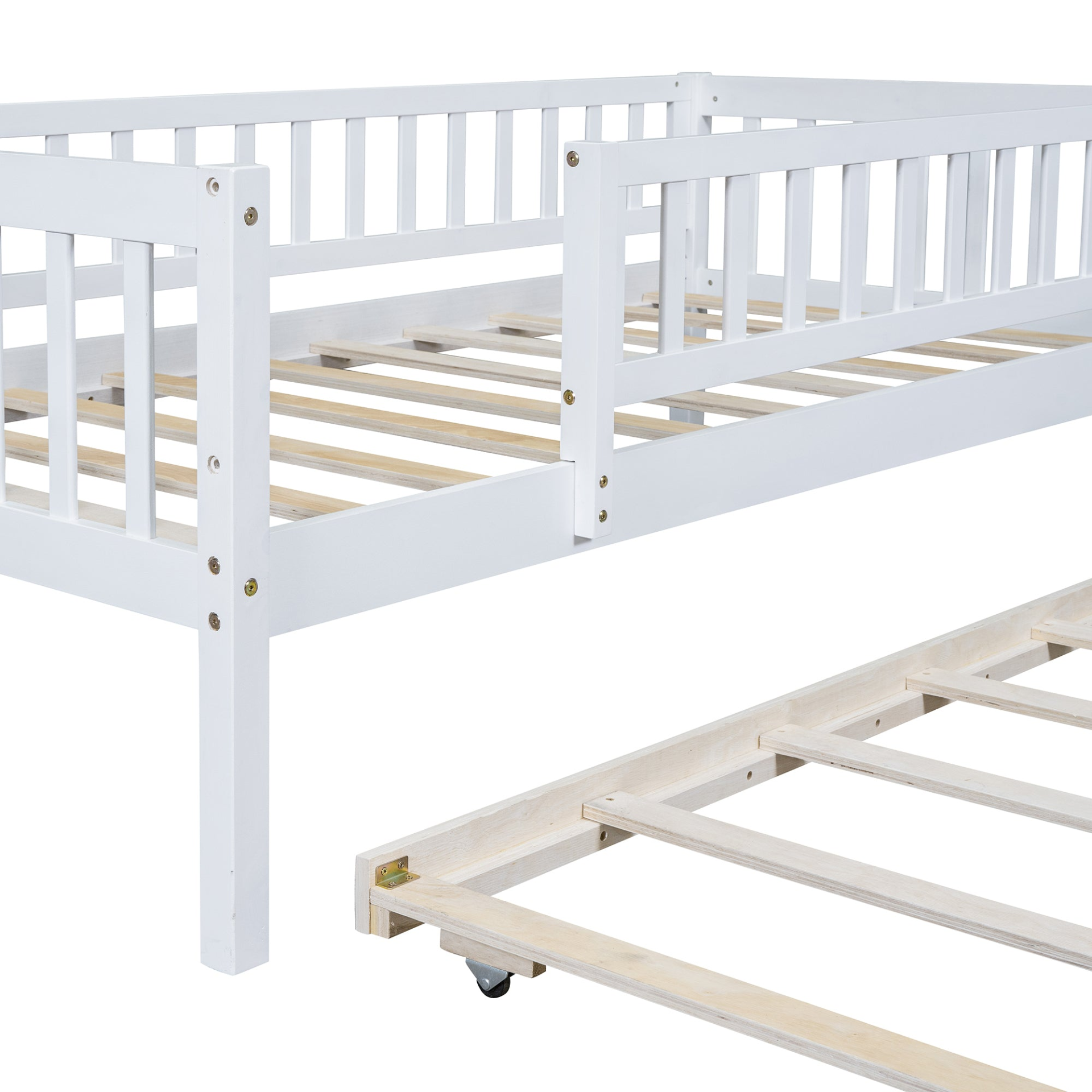 Start2Finish wood daybed with trundle and fence guardrails, shown in a cozy bedroom setting with pillows and bedding.