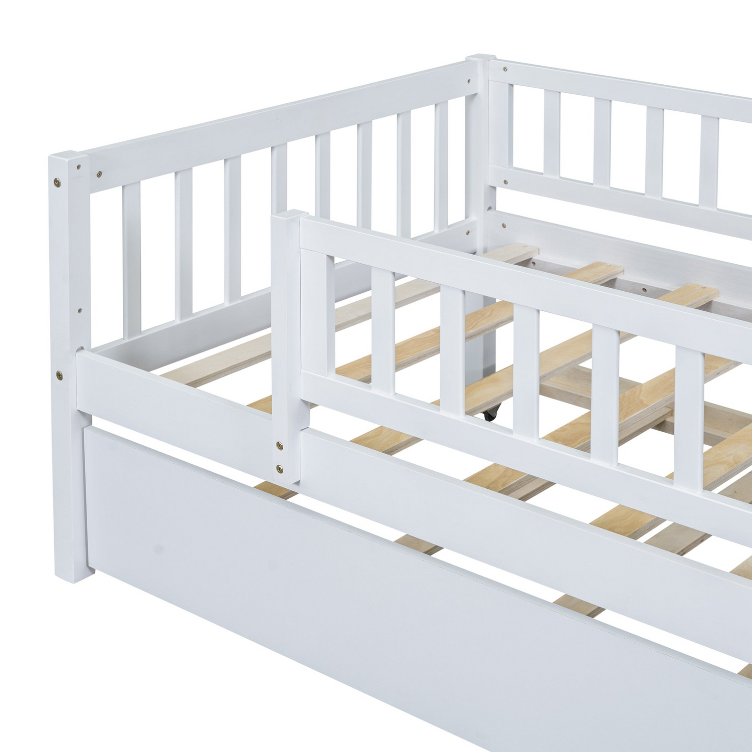 Start2Finish wood daybed with trundle and fence guardrails, showcasing a sturdy wooden frame in a cozy bedroom setting.