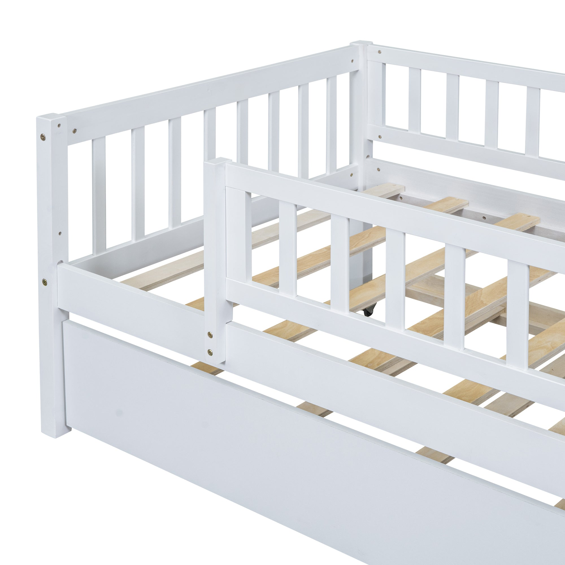 Start2Finish wood daybed with trundle and fence guardrails, showcasing a sturdy wooden frame in a cozy bedroom setting.